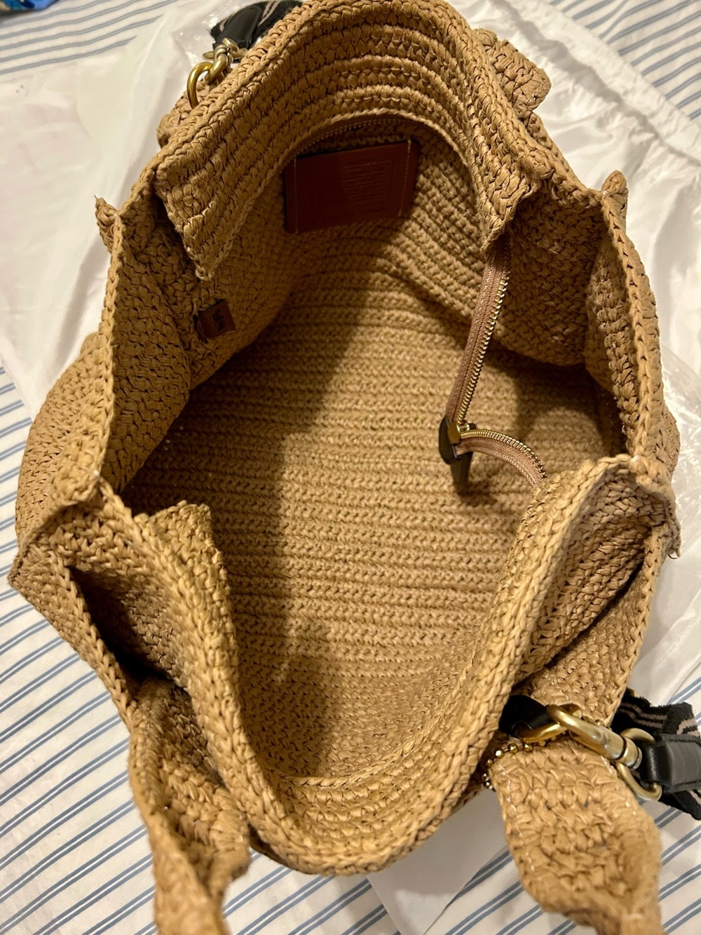 Coach Tan Woven Straw Tote with Brown Leather Patch - Picture 8 of 10